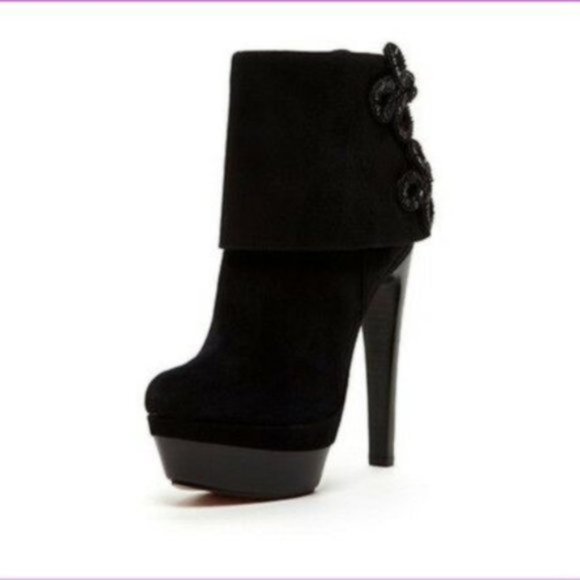 Rachel Zoe Ava (8.5) Black Kid-Suede Adorned Stiletto Platform Booties - Picture 1 of 8